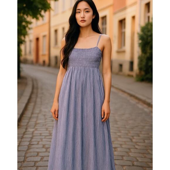 A New Day Maxi Dress Womens XL Stripe Smocked Adjustable Straps Pockets - Picture 1 of 11